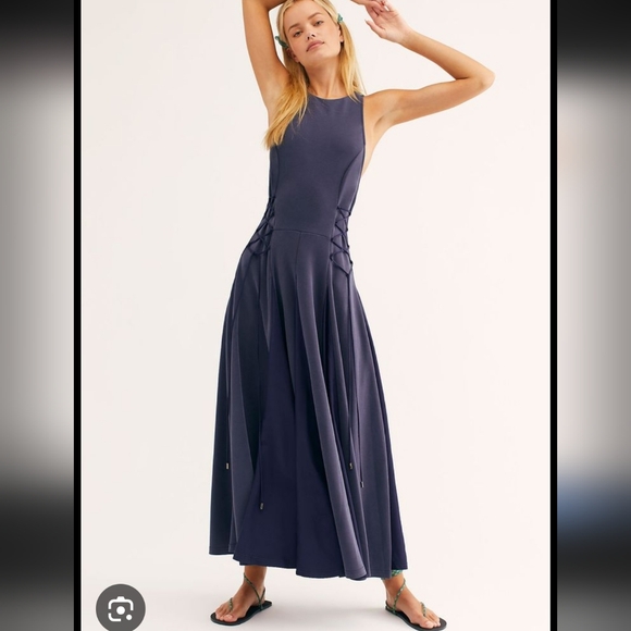Free People Dresses & Skirts - Free People Maxi Dress Medium Stella Cupro Lace-up Pleated Navy Blue Boho